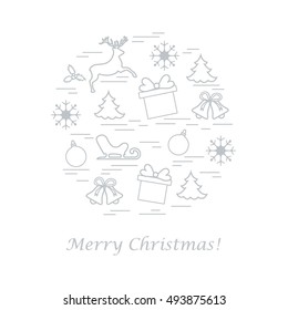 Vector illustration of different new year and christmas symbols arranged in a circle. Winter elements made in line style. 