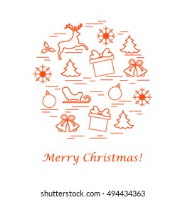 Vector illustration of different new year and christmas symbols arranged in a circle. Winter elements made in line style. 