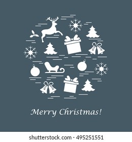 Vector illustration of different new year and christmas symbols arranged in a circle.