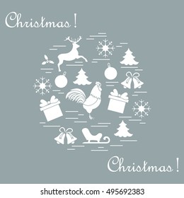 Vector illustration of different new year and christmas symbols arranged in a circle. 