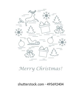 Vector illustration of different new year and christmas symbols arranged in a circle. Winter elements made in line style. 