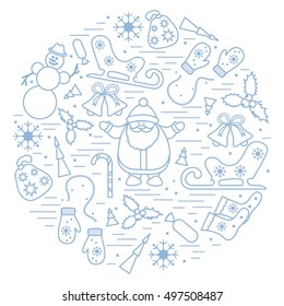 Vector illustration of different new year and christmas symbols arranged in a circle. Winter elements made in line style. 