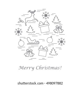 Vector illustration of different new year and christmas symbols arranged in a circle. Winter elements made in line style. 