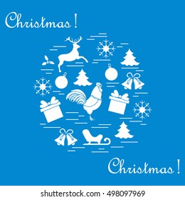 Vector illustration of different new year and christmas symbols arranged in a circle. 
