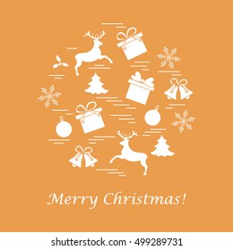 Vector illustration of different new year and christmas symbols arranged in a circle. 