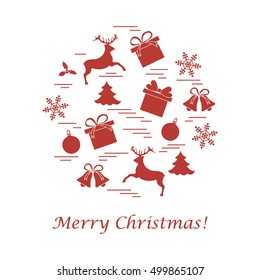 Vector illustration of different new year and christmas symbols arranged in a circle. 