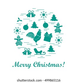 Vector illustration of different new year and christmas symbols arranged in a circle. 