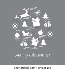 Vector illustration of different new year and christmas symbols arranged in a circle.