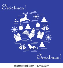 Vector illustration of different new year and christmas symbols arranged in a circle. 