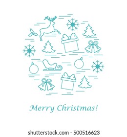 Vector illustration of different new year and christmas symbols arranged in a circle. Winter elements made in line style. 