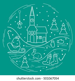Vector illustration of different new year and christmas symbols arranged in a circle. Winter elements made in line style