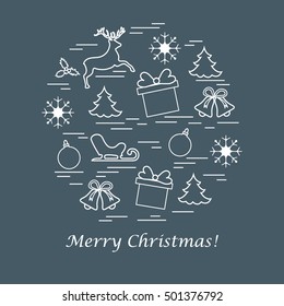 Vector illustration of different new year and christmas symbols arranged in a circle. Winter elements made in line style. 