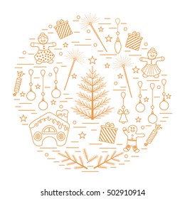 Vector illustration of different new year and christmas symbols arranged in a circle. Winter elements made in line style. 