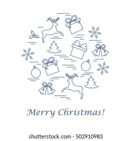 Vector illustration of different new year and christmas symbols arranged in a circle. Winter elements made in line style. 