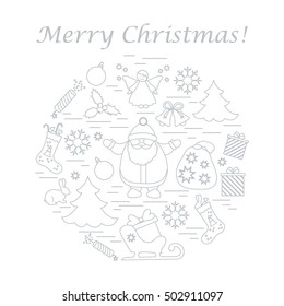 Vector illustration of different new year and christmas symbols arranged in a circle. Winter elements made in line style. 