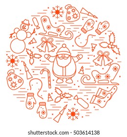 Vector illustration of different new year and christmas symbols arranged in a circle. Winter elements made in line style. 