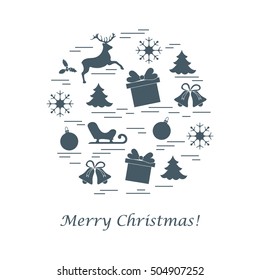 Vector illustration of different new year and christmas symbols arranged in a circle.