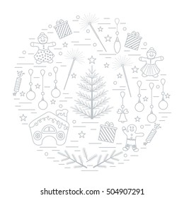 Vector illustration of different new year and christmas symbols arranged in a circle. Winter elements made in line style. 