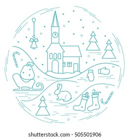 Vector illustration of different new year and christmas symbols arranged in a circle. Winter elements made in line style. 