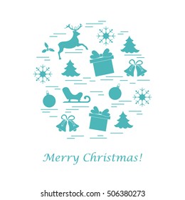 Vector illustration of different new year and christmas symbols arranged in a circle.