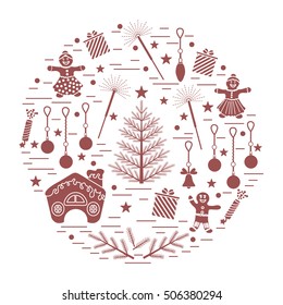 Vector illustration of different new year and christmas symbols arranged in a circle. 