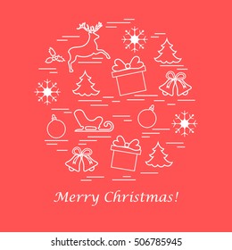 Vector illustration of different new year and christmas symbols arranged in a circle. Winter elements made in line style. 
