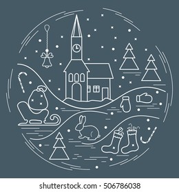 Vector illustration of different new year and christmas symbols arranged in a circle. Winter elements made in line style