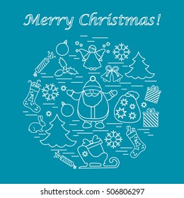 Vector illustration of different new year and christmas symbols arranged in a circle. Winter elements made in line style. 