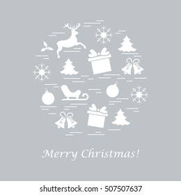 Vector illustration of different new year and christmas symbols arranged in a circle.