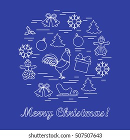 Vector illustration of different new year and christmas symbols arranged in a circle. Winter elements made in line style. 