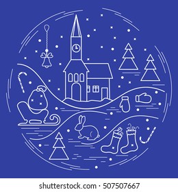 Vector illustration of different new year and christmas symbols arranged in a circle. Winter elements made in line style