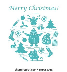 Vector illustration of different new year and christmas symbols arranged in a circle. 