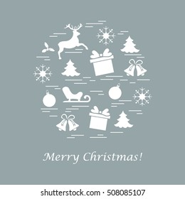 Vector illustration of different new year and christmas symbols arranged in a circle.