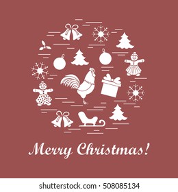 Vector illustration of different new year and christmas symbols arranged in a circle. 