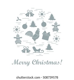 Vector illustration of different new year and christmas symbols arranged in a circle. 