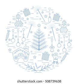 Vector illustration of different new year and christmas symbols arranged in a circle. Winter elements made in line style. 