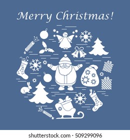 Vector illustration of different new year and christmas symbols arranged in a circle. 