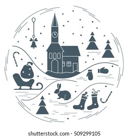 Vector illustration of different new year and christmas symbols arranged in a circle.