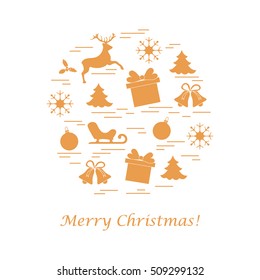 Vector illustration of different new year and christmas symbols arranged in a circle.