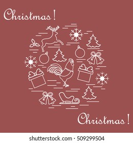 Vector illustration of different new year and christmas symbols arranged in a circle. Winter elements made in line style. 