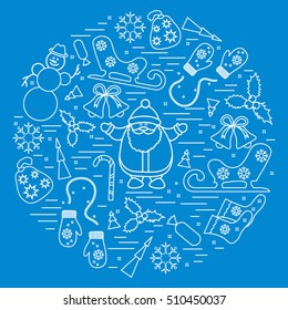 Vector illustration of different new year and christmas symbols arranged in a circle. Winter elements made in line style.