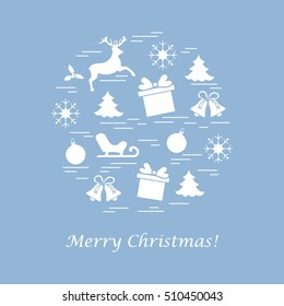 Vector illustration of different new year and christmas symbols arranged in a circle.