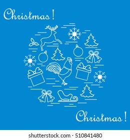 Vector illustration of different new year and christmas symbols arranged in a circle. Winter elements made in line style. 