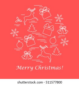 Vector illustration of different new year and christmas symbols arranged in a circle. Winter elements made in line style. 