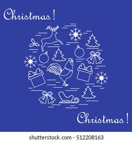 Vector illustration of different new year and christmas symbols arranged in a circle. Winter elements made in line style. 