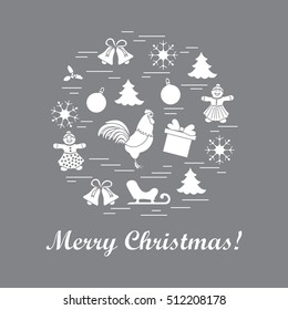 Vector illustration of different new year and christmas symbols arranged in a circle. 