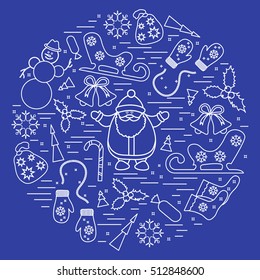 Vector illustration of different new year and christmas symbols arranged in a circle. Winter elements made in line style.