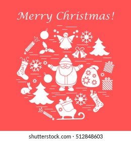 Vector illustration of different new year and christmas symbols arranged in a circle. 