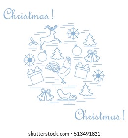 Vector illustration of different new year and christmas symbols arranged in a circle. Winter elements made in line style. 