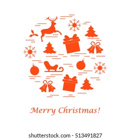 Vector illustration of different new year and christmas symbols arranged in a circle.
